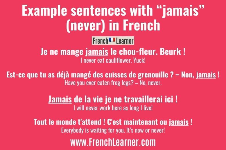 Example sentences using the French adverb jamais (never).