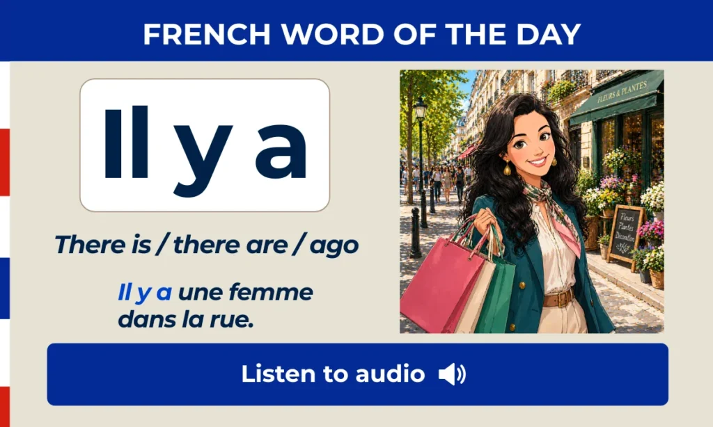 French Word of the Day image for il y a, meaning there is, there are, and ago, with a smiling woman shopping on a Paris street.