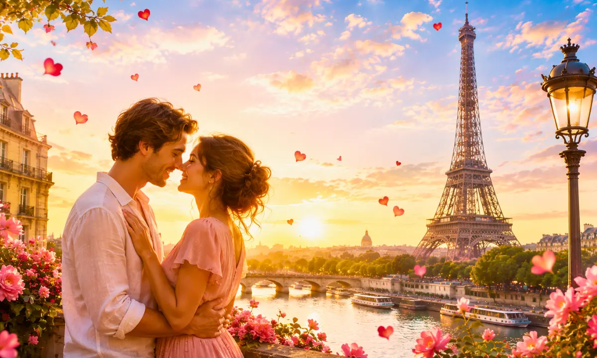 Lyrics of "Hymne à l'amour" — Romantic couple beside the Seine at sunset with the Eiffel Tower glowing behind them, symbolizing eternal love, devotion, and reunion beyond death.