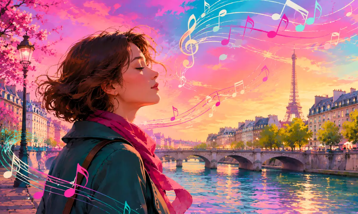 Lyrics of Padam Padam — Young woman walking beside the Seine at sunset with colorful musical notes swirling through the Paris sky, symbolizing haunting memories, nostalgia, emotional obsession, and a melody that never stops following her.