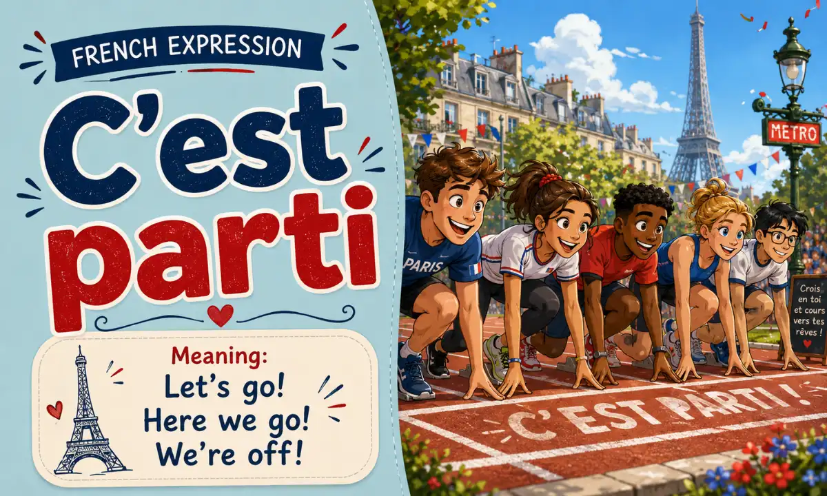 C'est parti &ndash; Let's go, here we go, we're off &ndash; French expression