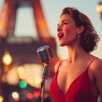 Woman singing into a vintage microphone in front of the Eiffel Tower at sunset &mdash; iconic Paris scene representing French song lyrics.