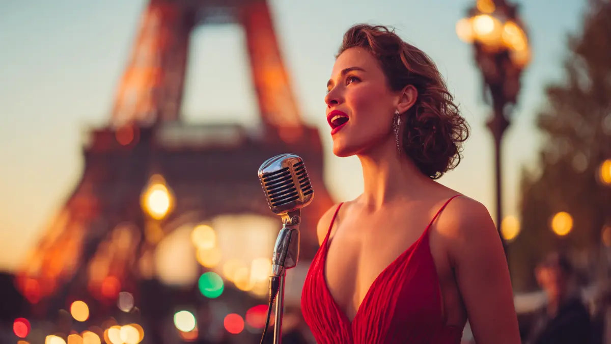 Woman singing into a vintage microphone in front of the Eiffel Tower at sunset — iconic Paris scene representing French song lyrics.