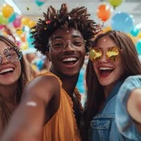 La fête lyrics by Amir — supermarket dance party scene with smiling people — French song lesson