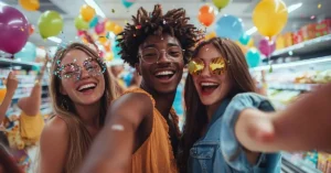 La fête lyrics by Amir — supermarket dance party scene with smiling people — French song lesson