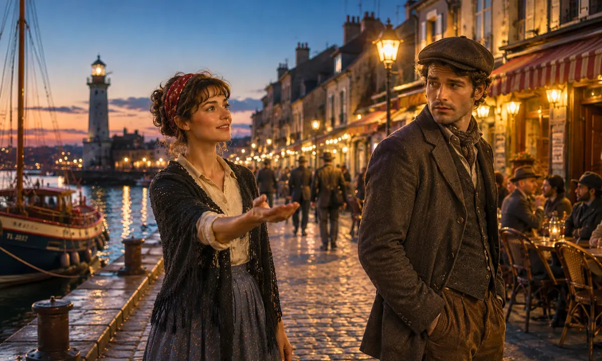 Lyrics of "Milord" — Young harbor woman reaching toward an elegant traveler along a glowing French port at dusk, symbolizing heartbreak, social class, longing, and imagined romance.