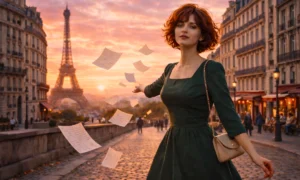 Non, je ne regrette rien by Edith Piaf — French lyrics and English translation lesson by David Issokson. French woman in an elegant 1960s dress walking through Paris at sunset, tossing handwritten letters into the air with the Eiffel Tower in the background.