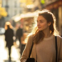 French woman walking past a Paris café in sunlight — concept for the French verb passer, featured in a quiz on FrenchLearner.com