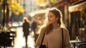 French woman walking past a Paris café in sunlight — concept for the French verb passer, featured in a quiz on FrenchLearner.com