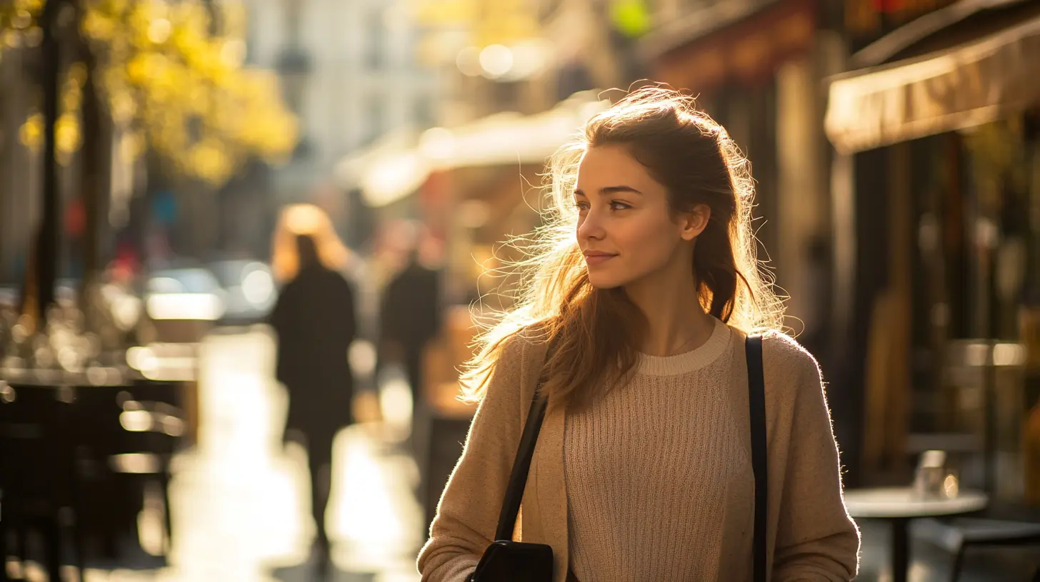 French woman walking past a Paris caf&eacute; in sunlight &mdash; concept for the French verb passer, featured in a quiz on FrenchLearner.com