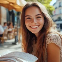 Young woman sitting and studying at a café in Paris — concept for the French verb tenir, featured in a quiz on FrenchLearner.com