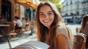 Young woman sitting and studying at a café in Paris — concept for the French verb tenir, featured in a quiz on FrenchLearner.com