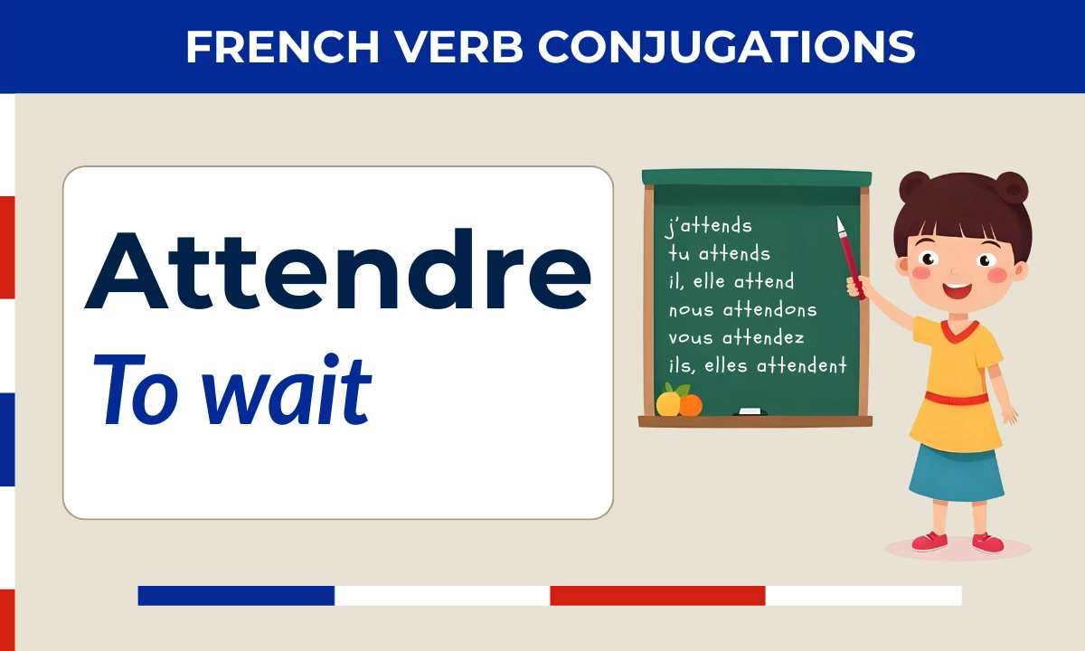 Attendre – French verb conjugation – j’attends, tu attends, il, elle attend, nous attendons, vous attendez, ils, elles attendent