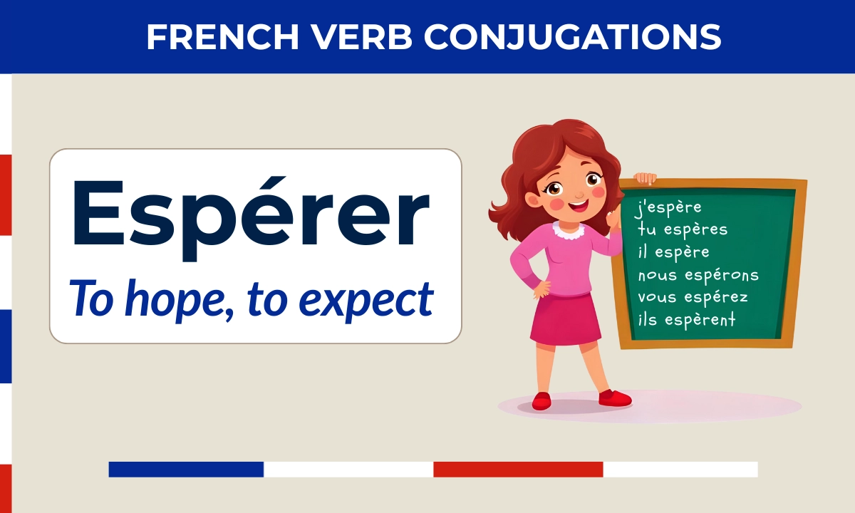 Espérer – French verb conjugation – j’espère, tu espères, il/elle espère, nous espérons, vous espérez, ils/elles espèrent