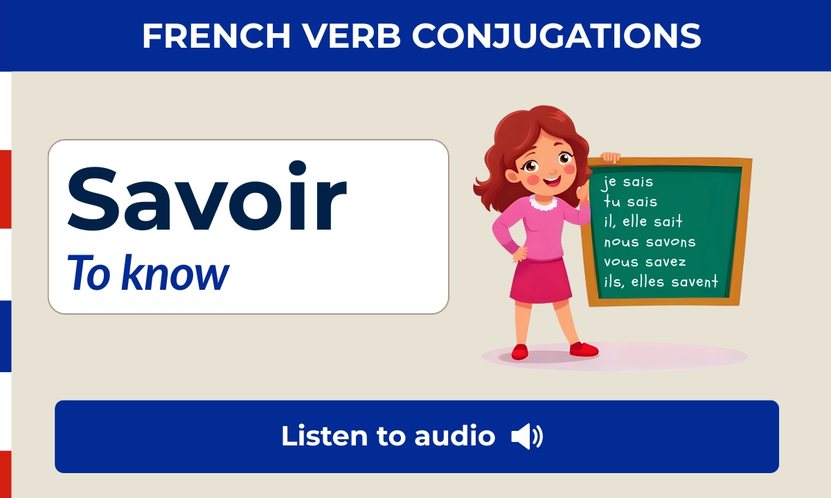 Savoir – French verb conjugation – je sais, tu sais, il/elle sait, nous savons, vous savez, ils/elles savent