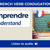 Comprendre — to understand — French verb conjugation chart with six tenses: present, passé composé, imperfect, future, conditional, and subjunctive.