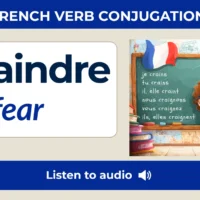Craindre &mdash; to fear &mdash; French verb conjugation chart with six tenses: present, pass&eacute; compos&eacute;, imperfect, future, conditional, and subjunctive.