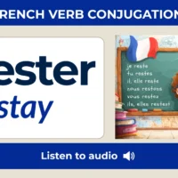 Rester &mdash; to stay &mdash; French verb conjugation chart with six tenses: present, pass&eacute; compos&eacute;, imperfect, future, conditional, and subjunctive.