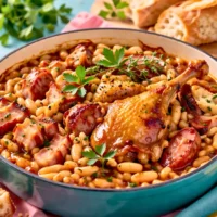 Cassoulet with white beans, sausage, and duck confit in a teal casserole dish &mdash; cassoulet &mdash; French Word of the Day