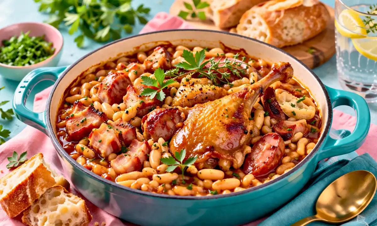 Cassoulet with white beans, sausage, and duck confit in a teal casserole dish — cassoulet — French Word of the Day