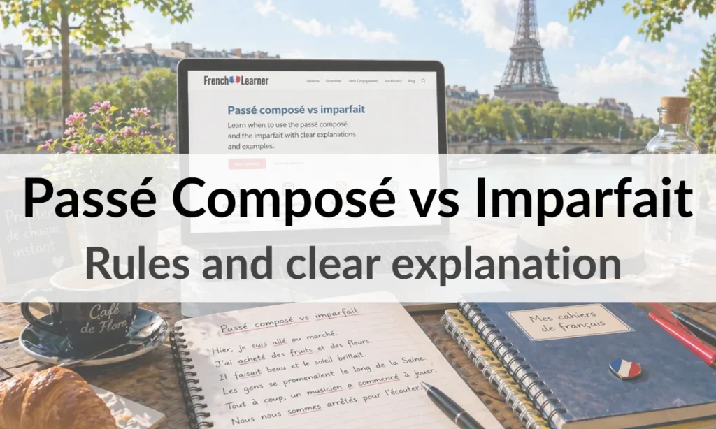 Passé composé vs imparfait French grammar outdoor Paris study desk with laptop, book and notebook.
