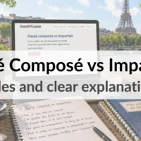 Pass&eacute; compos&eacute; vs imparfait French grammar outdoor Paris study desk with laptop, book and notebook.