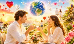 À toi lyrics – Couple toasting wine glasses at a seaside romantic setting with a glowing Earth and heart balloons above them, sunset scene.