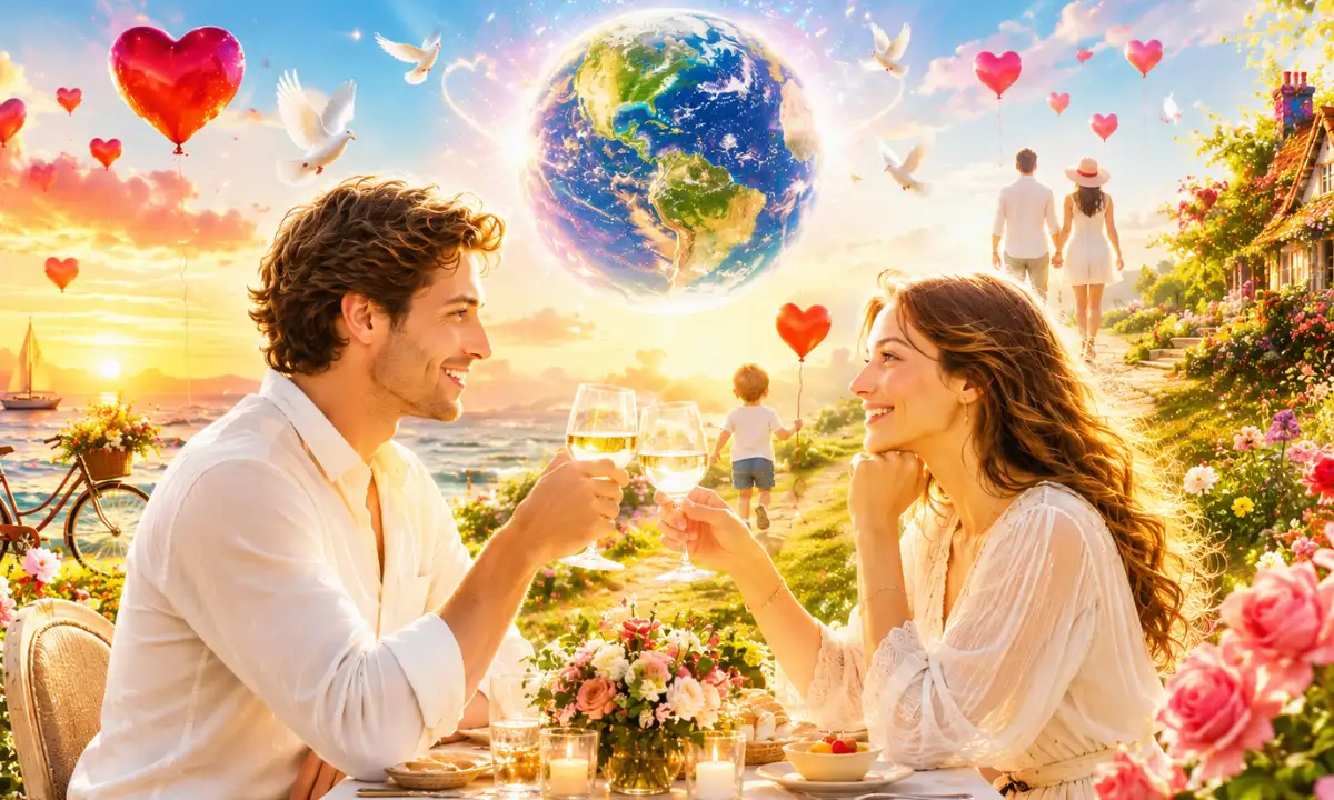 Couple toasting wine glasses at a seaside romantic setting with a glowing Earth and heart balloons above them, sunset scene.