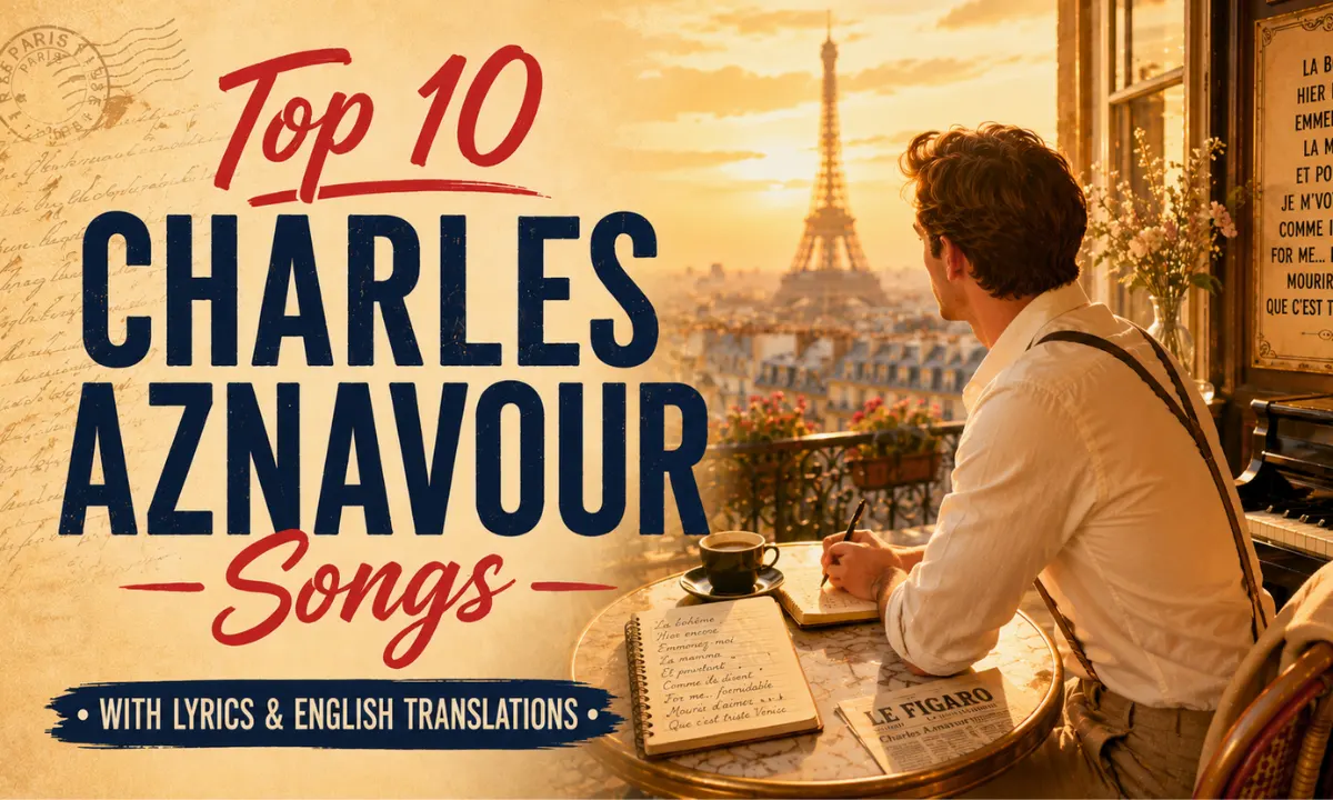 Charles Aznavour songs — vintage Paris café scene with man writing at a table overlooking the Eiffel Tower, warm golden lighting and nostalgic French chanson atmosphere.