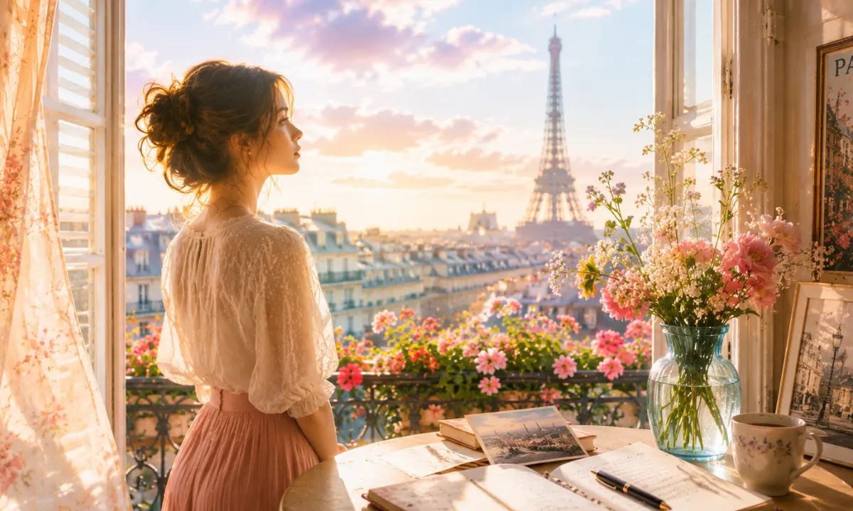 Lyrics of Comment te dire adieu — Young woman in a sunlit Paris apartment overlooking the Eiffel Tower, surrounded by flowers, letters, and soft pastel colors, symbolizing heartbreak, emotional longing, and the pain of saying goodbye for good.