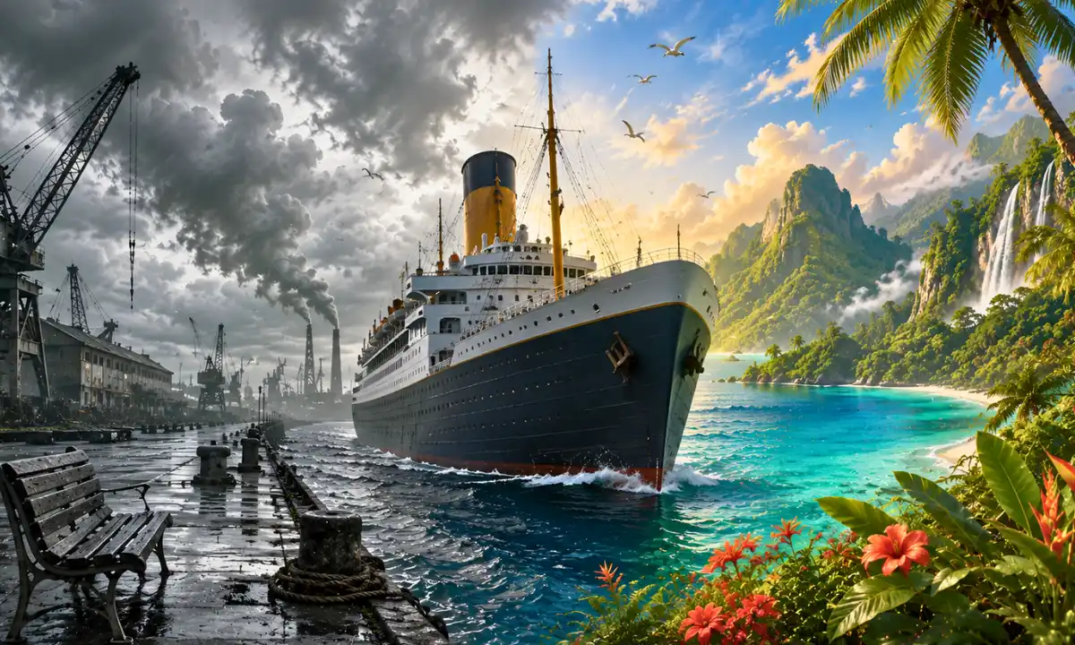 Emmenez-moi lyrics &mdash; ocean liner between gray industrial docks and bright tropical paradise, storm clouds fading into turquoise water, lush islands, waterfalls, and golden sunlight