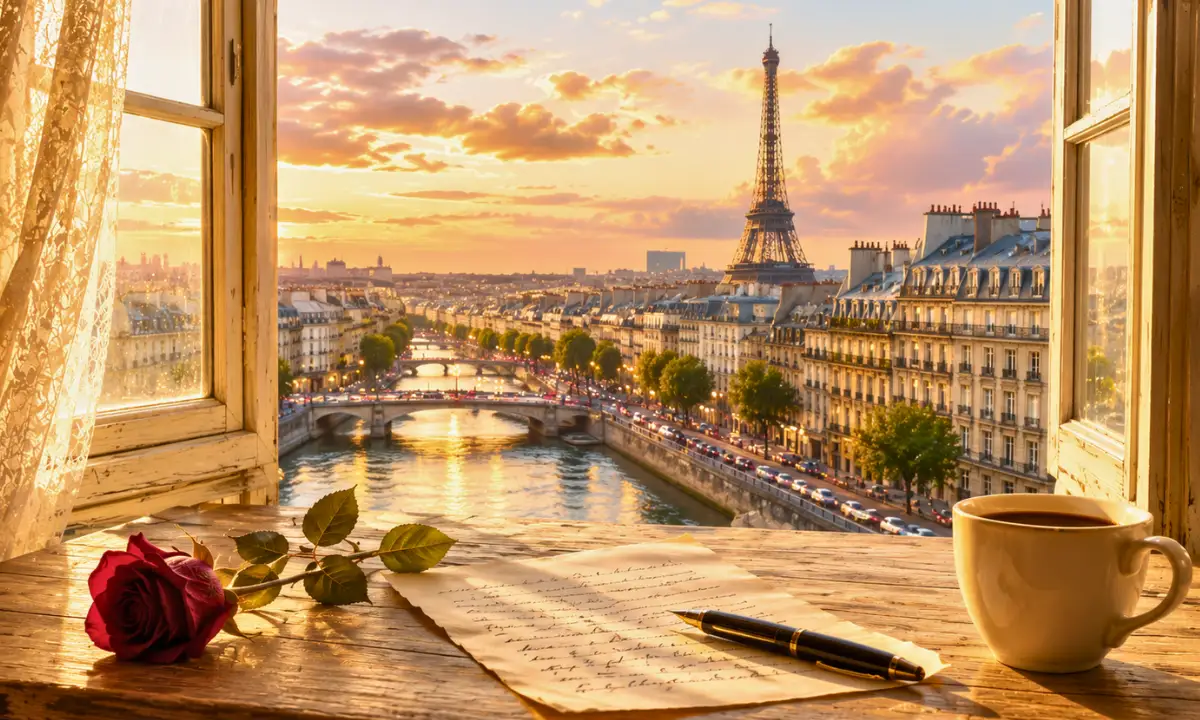 Et pourtant lyrics &mdash; Romantic Paris apartment window overlooking the Seine and Eiffel Tower at sunrise, with a red rose, handwritten letter, and coffee cup symbolizing heartbreak, longing, and emotional conflict.