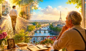 Hier encore lyrics — older man reflecting on youth from a bright Paris balcony, nostalgic young man walking cobblestone street, golden sunset over the Seine and Eiffel Tower