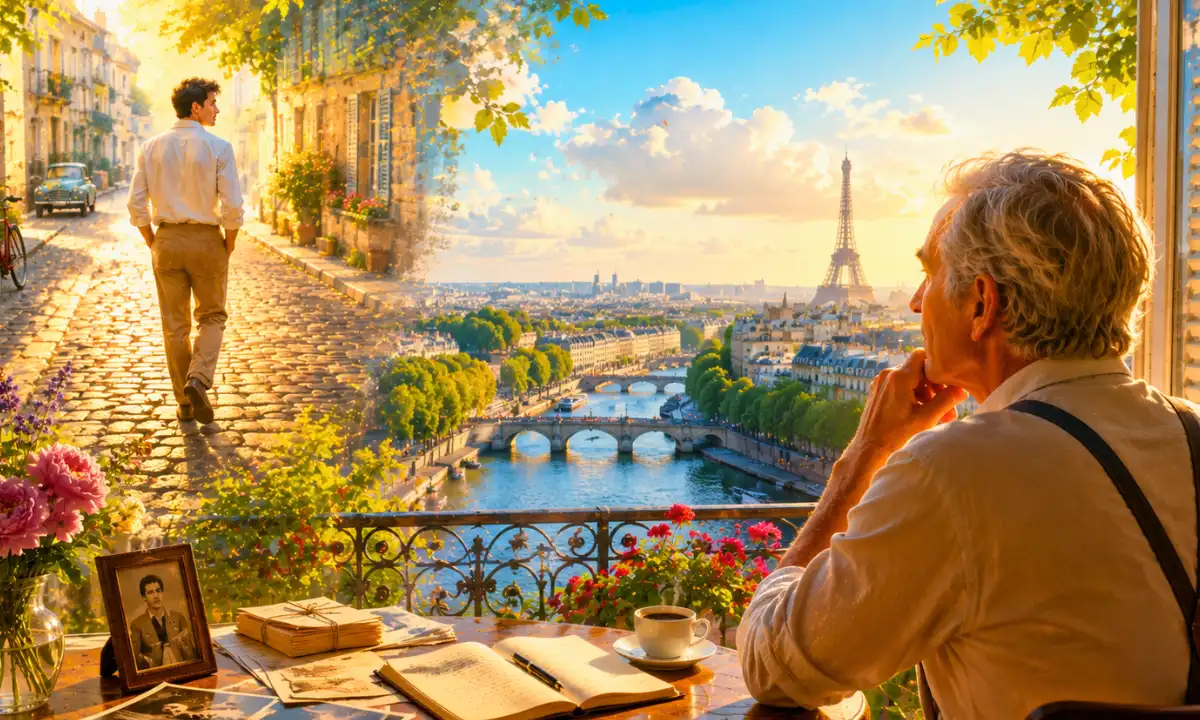 Hier encore lyrics &mdash; older man reflecting on youth from a bright Paris balcony, nostalgic young man walking cobblestone street, golden sunset over the Seine and Eiffel Tower