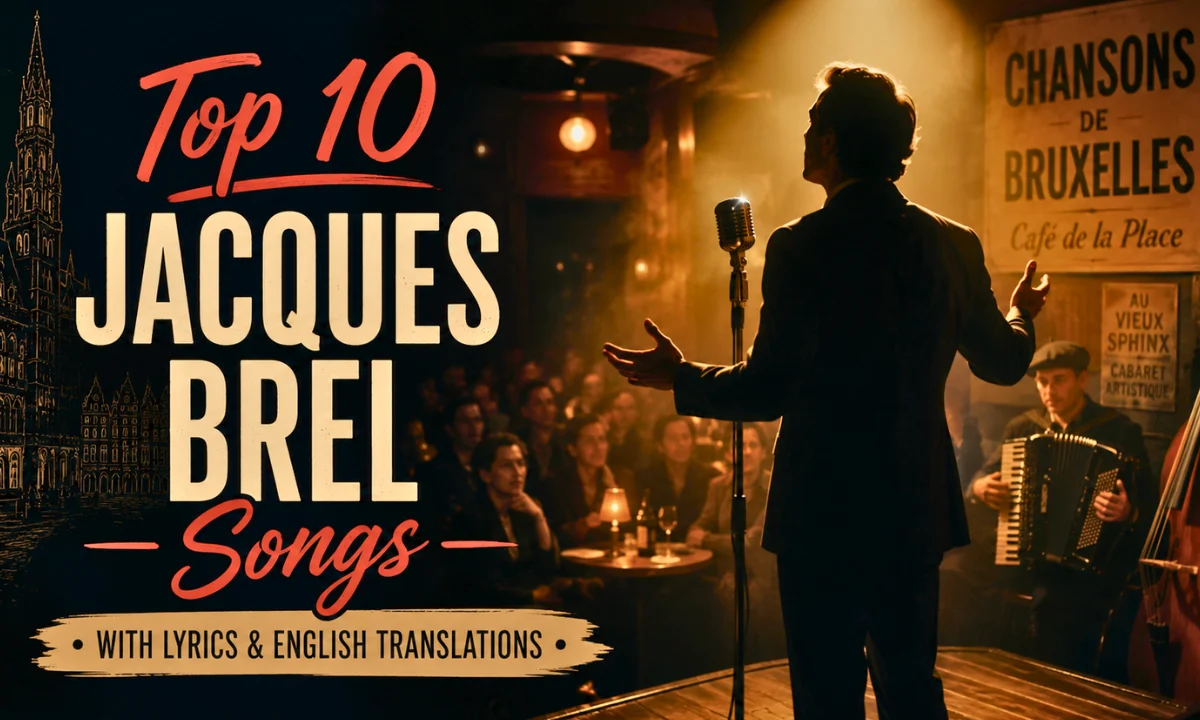 Jacques Brel songs vintage French cabaret scene with singer silhouette and accordion player.