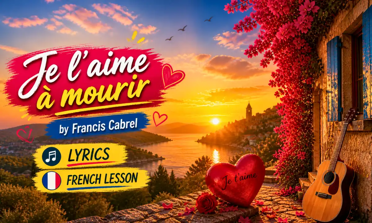 Je l&rsquo;aime &agrave; mourir lyrics &mdash; romantic sunset coastal village scene with guitar, red heart, blooming flowers, and warm golden light over the sea, vibrant colors and dreamy atmosphere