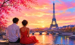 Je suis venu te dire que je m'en vais lyrics — Couple having an emotional conversation on a Paris bridge at sunset with the Eiffel Tower in the background, blooming pink trees and glowing Seine River.