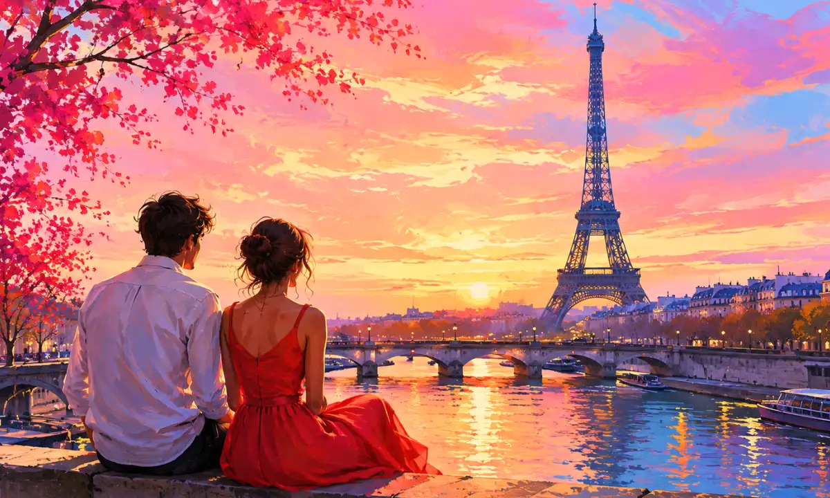 Je suis venu te dire que je m'en vais lyrics &mdash; Couple having an emotional conversation on a Paris bridge at sunset with the Eiffel Tower in the background, blooming pink trees and glowing Seine River.