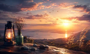 Je t’aimais, je t’aime et je t’aimerai lyrics — Dreamlike romantic landscape with glowing sunset, pebbles, reflections, and warm golden light symbolizing timeless love and memory.