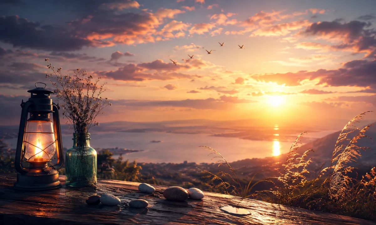 Je t&rsquo;aimais, je t&rsquo;aime et je t&rsquo;aimerai lyrics &mdash; Dreamlike romantic landscape with glowing sunset, pebbles, reflections, and warm golden light symbolizing timeless love and memory.