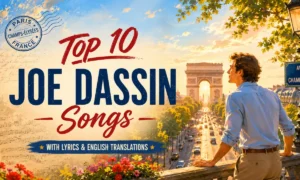 Joe Dassin songs colorful Champs-Élysées Paris sunset scene with softly lit male silhouette overlooking the avenue and Arc de Triomphe.