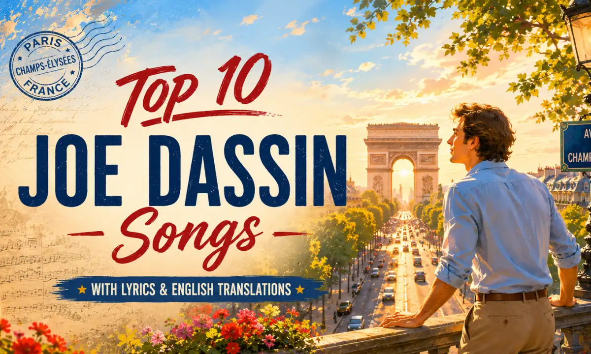 Joe Dassin songs colorful Champs-Élysées Paris sunset scene with softly lit male silhouette overlooking the avenue and Arc de Triomphe.