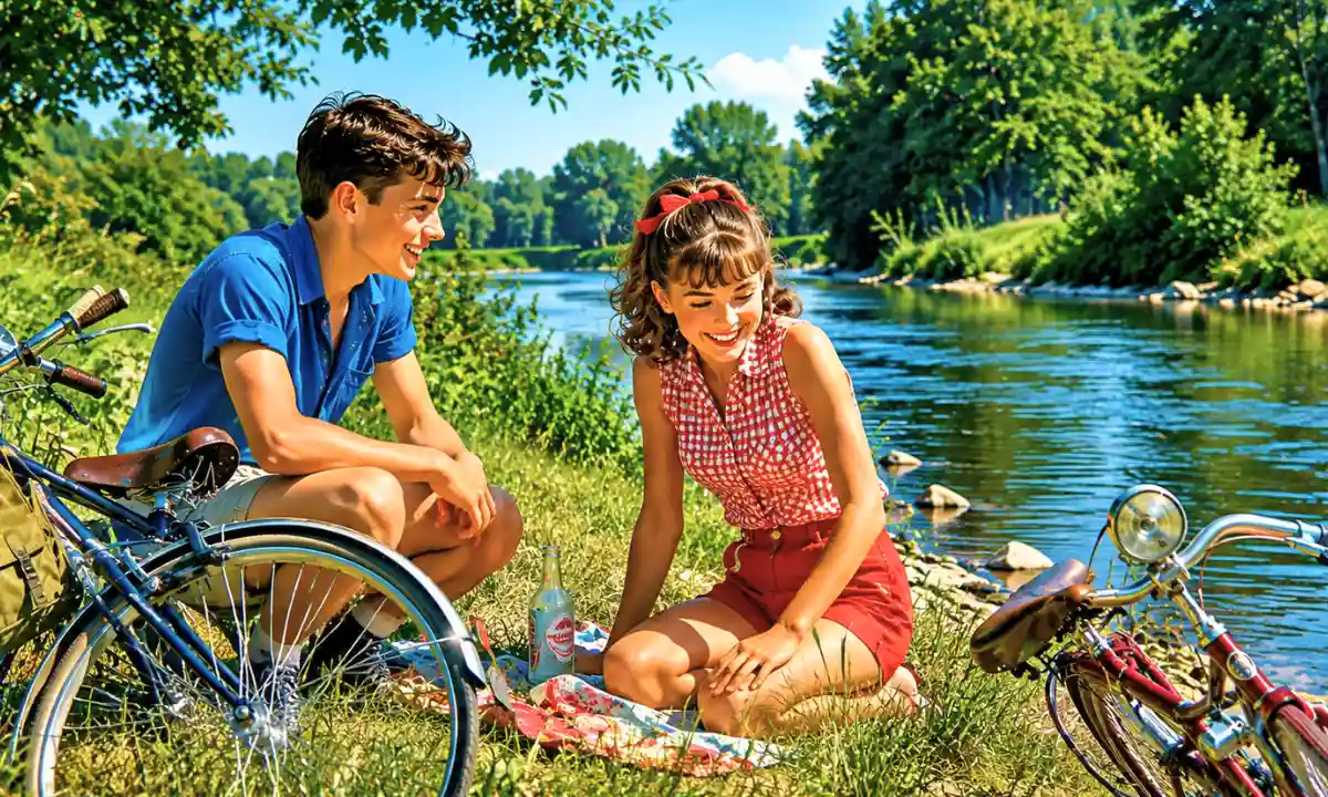 La bicyclette lyrics &mdash; joyful 1960s boy and girl beside vintage bicycles by a sunny riverside, bright countryside colors, nostalgic summer atmosphere