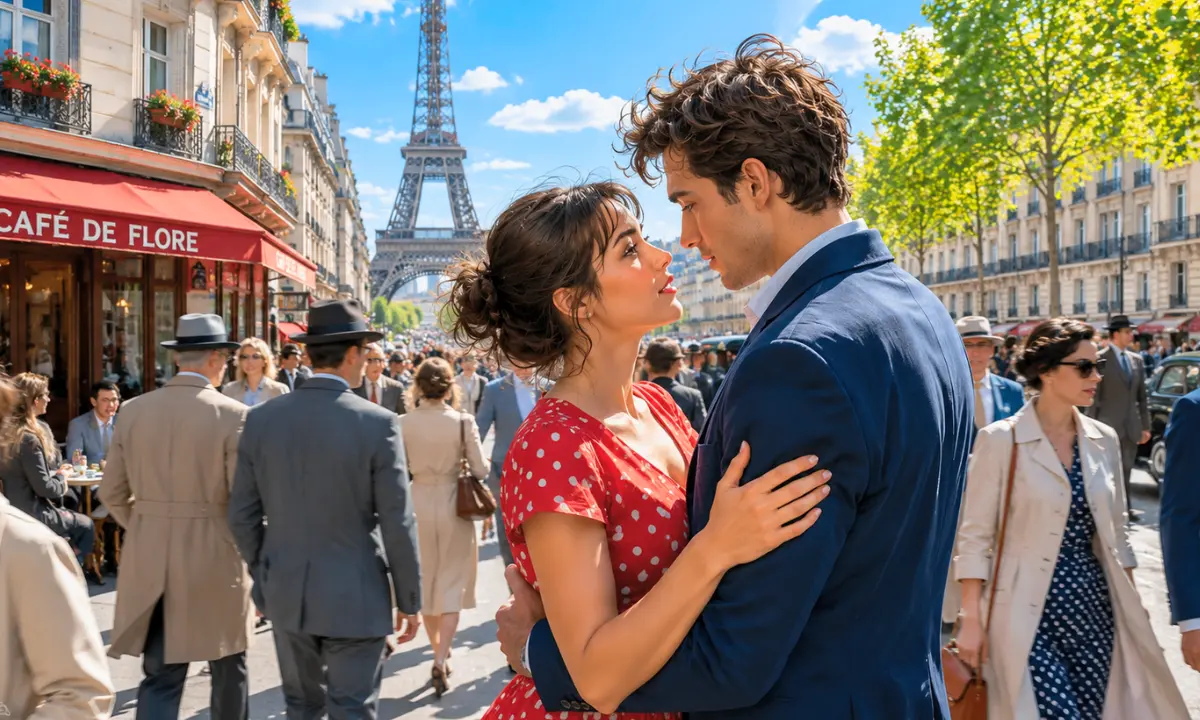 Lyrics of "La foule" — Young couple swept together in a crowded Paris street beneath the Eiffel Tower, symbolizing a brief chance encounter before sudden separation.