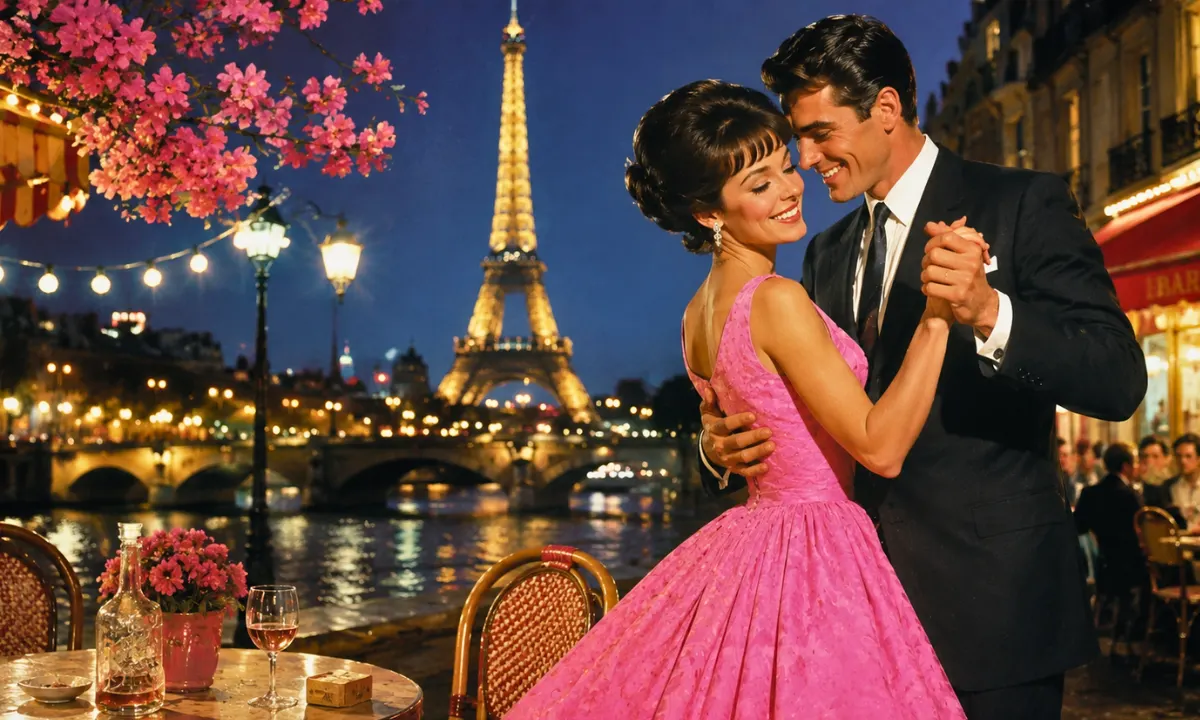 La Javanaise lyrics — Romantic couple dancing beside the Seine in Paris at night with the Eiffel Tower glowing in the background, colorful retro café scene inspired by the 1960s.