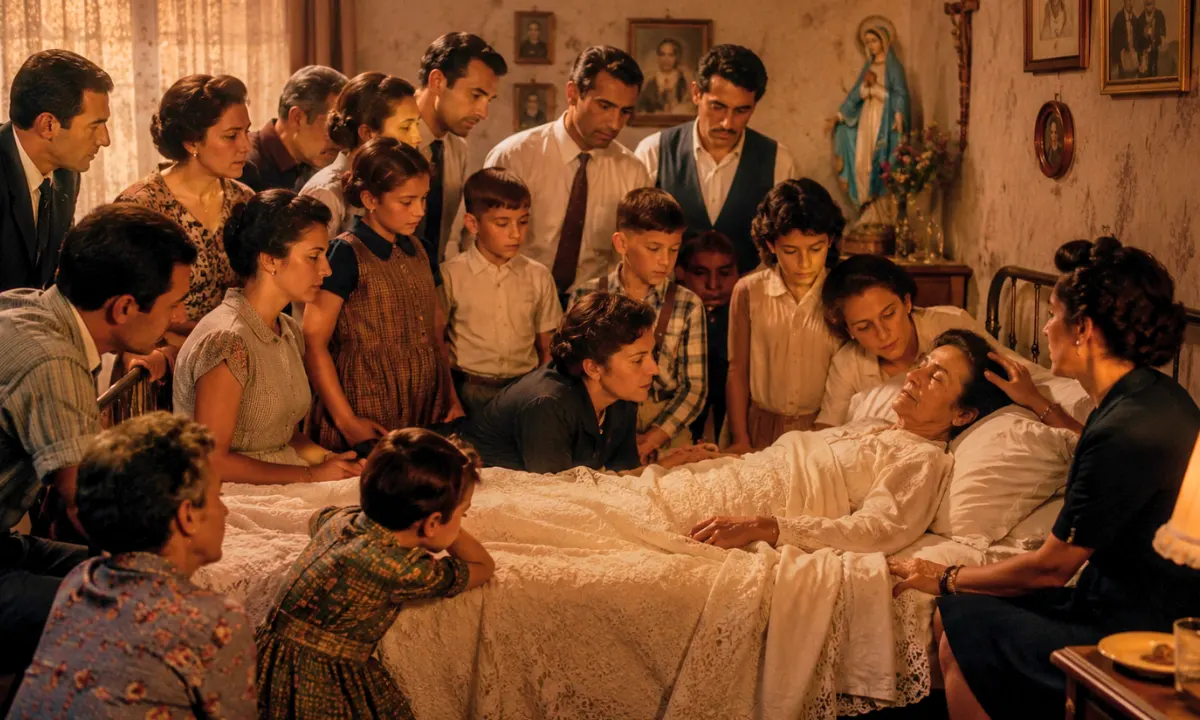 La mamma lyrics &mdash; large Italian family gathered around mother&rsquo;s deathbed in a warm 1960s bedroom, soft candlelight and religious statues surrounding emotional final moments