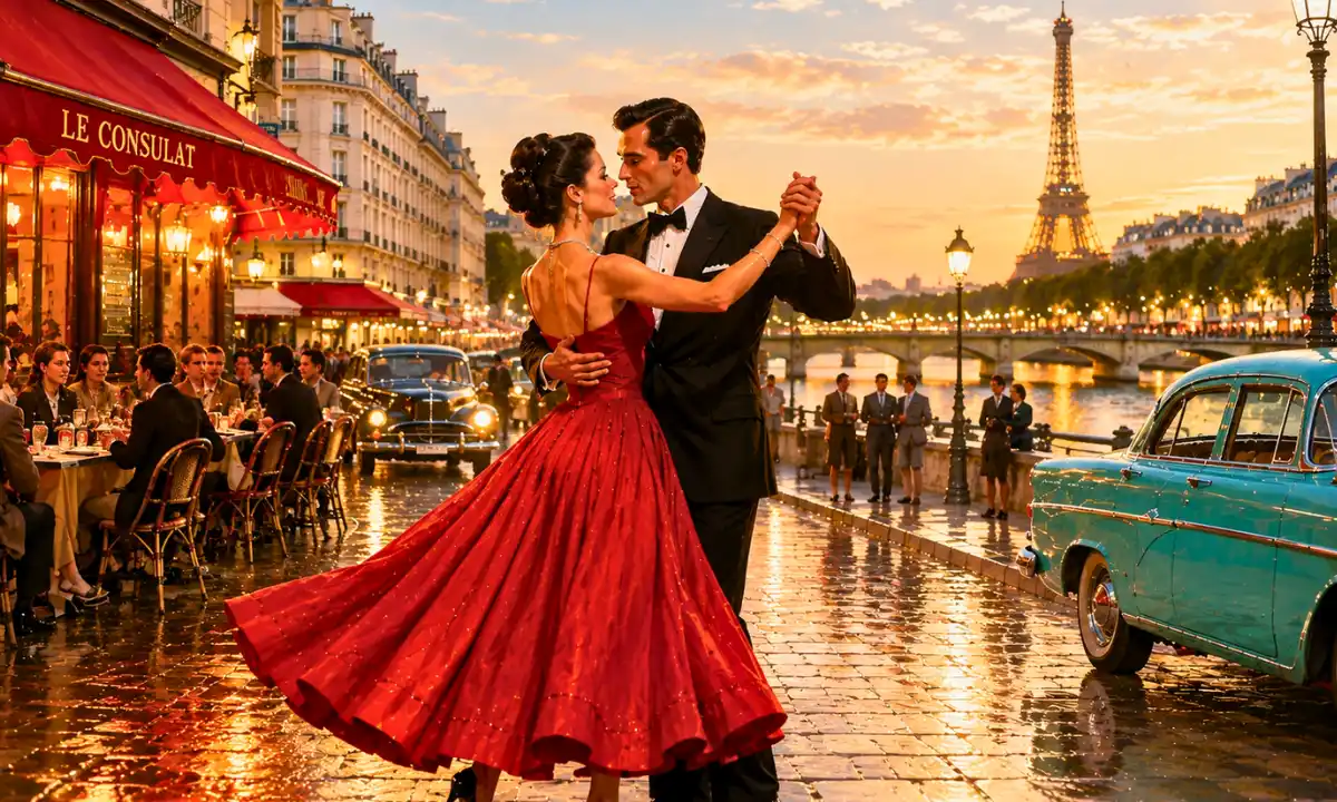 Une valse &agrave; mille temps lyrics &mdash; elegant couple dancing a romantic waltz on glowing Paris riverside at sunset, vintage 1950s cars and caf&eacute; lights beside the Seine, golden sky behind the Eiffel Tower, red dress swirling across rain-kissed cobblestones