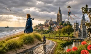 Le plat pays lyrics — windswept Belgian coast with dark skies, distant fishing boat on the North Sea, Gothic cathedrals above flat countryside, golden light over canals and cobblestone roads
