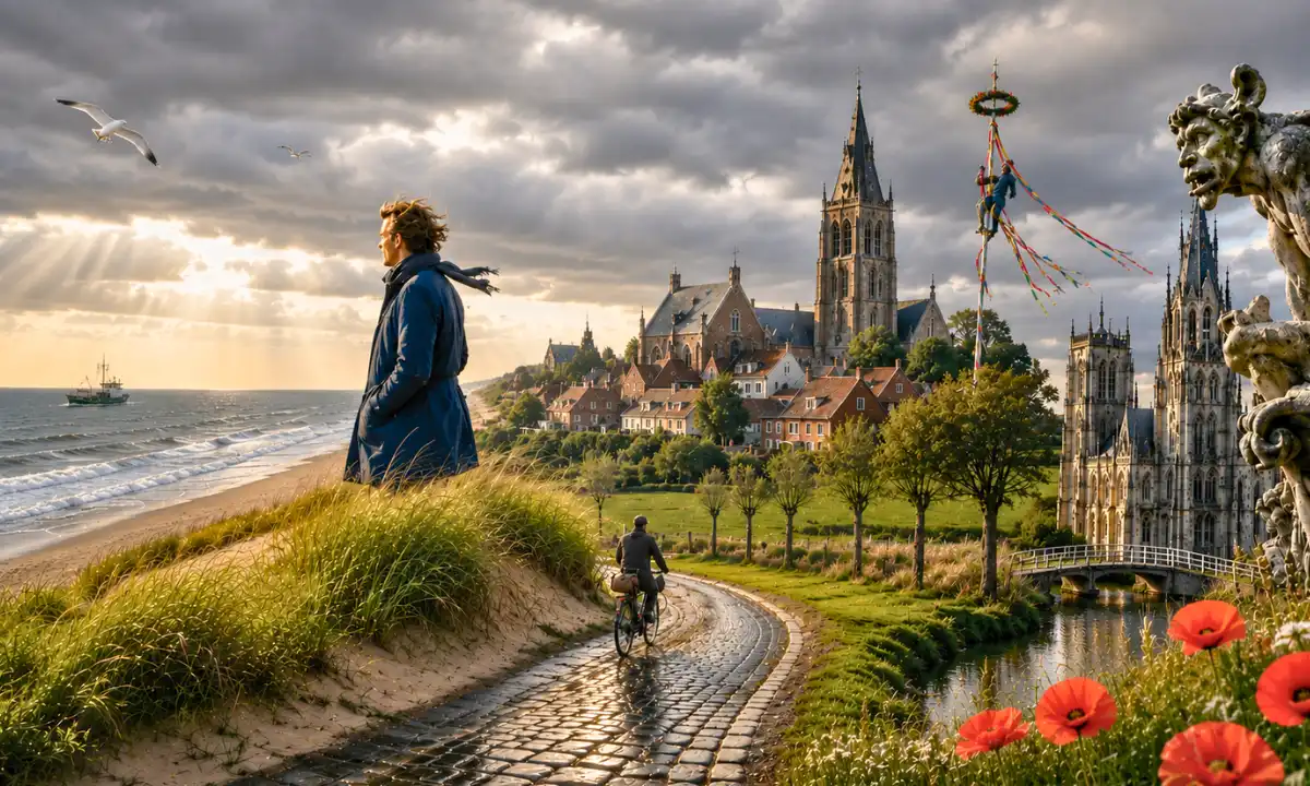 Le plat pays lyrics &mdash; windswept Belgian coast with dark skies, distant fishing boat on the North Sea, Gothic cathedrals above flat countryside, golden light over canals and cobblestone roads
