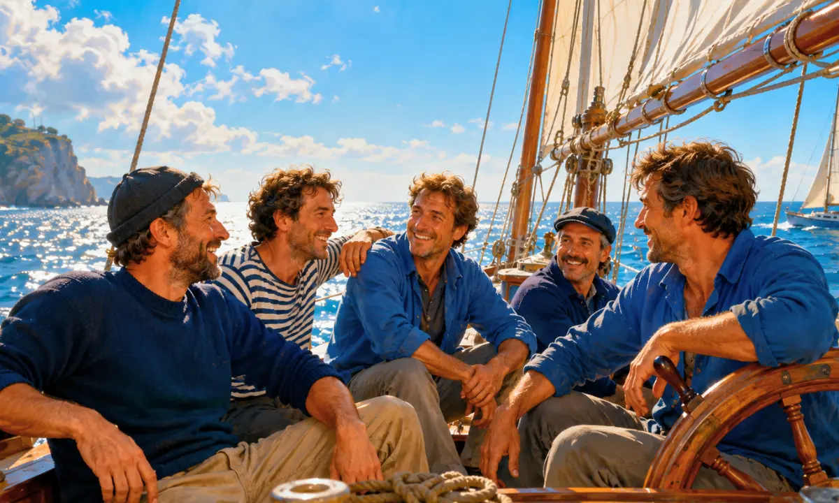 Les copains d'abord lyrics — Group of close friends sailing together on a sunlit boat at sea, joyful nautical scene symbolizing friendship, loyalty, and camaraderie inspired by Georges Brassens's classic French song.